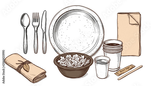 Hand drawn eco takeaway dining set in vintage engraving style featuring biodegradable tableware, paper packaging, utensils and food container isolated on white