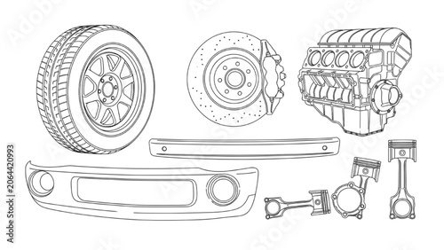Bild auf Leinwand 2D AutoCAD Vector illustration of car engine parts and tire