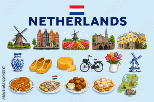 Netherlands Travel Icons and Landmarks Collection Vector Illustration