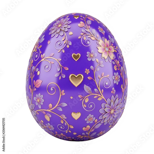 A purple easter egg with gold hearts and confetti