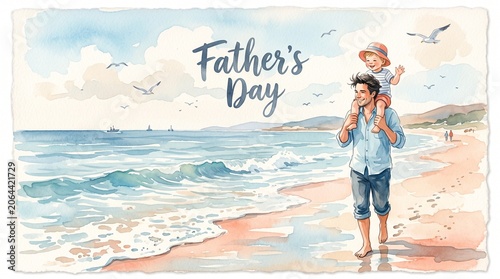 Father and Child Walking on Beach, Father's Day Celebration