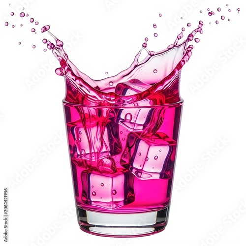 A glass of pink liquid with ice cubes splashing