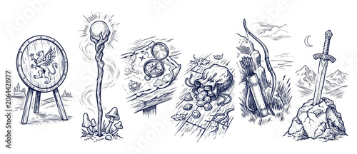 Fotografía Fantasy adventure quest items set in vintage engraving style featuring knight shield, magic wizard staff, treasure map, gem pouch, bow and arrow, and sword in the stone for RPG game design asset