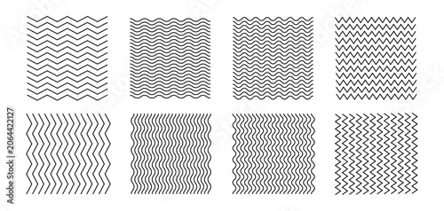 Set of abstract wavy curves and zig zag line patterns. Black geometric line art inspired by water waves and modern minimal design trends decorative underline elements.  Vector illustration.