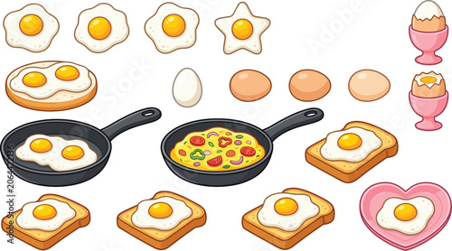 Foto Breakfast egg vector icon collection set featuring cartoon fried eggs omelet in