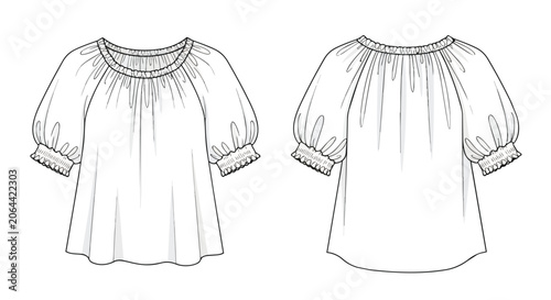 Women's Smocked Neckline Blouse with Puff Sleeves and Elastic Cuffs Technical Fashion Illustration Flat Sketch