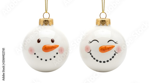 Christmas ornaments, snowman faces, white balls, gold caps, holiday decorations isolated on Transparent Background