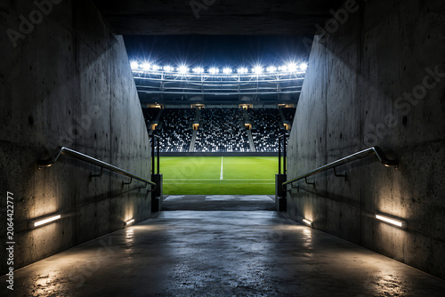 Soccer stadium tunnel leading to illuminated green field and spectator seating during nighttime