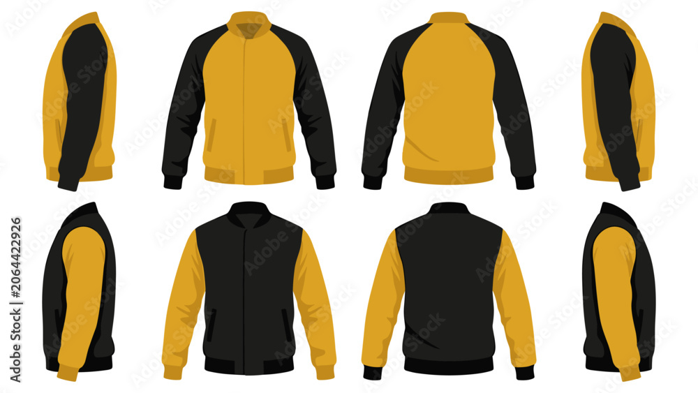 Naklejka premium Yellow and black bomber varsity jacket vector illustration for custom design template