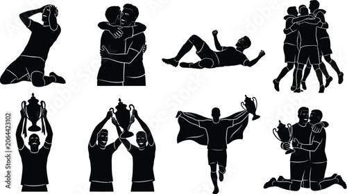 Black silhouettes of people celebrating with trophies and each other