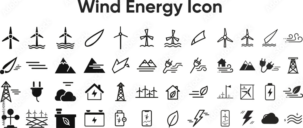 Naklejka premium Wind Energy Line Icons Set, Renewable Eco Power and Wind Turbine Symbols, Clean Electricity and Sustainable Infrastructure Outline Vector Elements