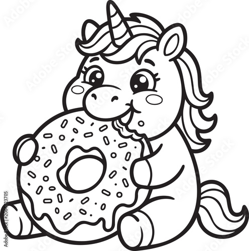 Foto Cute baby unicorn sits happily eating a large sweet sprinkled donut Coloring Pag