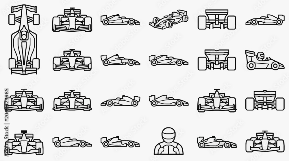 Naklejka premium Professional Racing Car Designs and Components Illustrated in Minimalist Line Art for Technical Analysis and Study