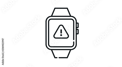 Smartwatch with warning icon: wearable smart watch displaying triangle alert symbol on screen, minimalist black line art vector illustration for system error.