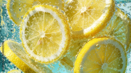 Fresh Lemon Slices Bubbles in Sparkling Water with Blue Background