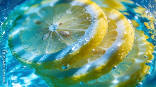 Sliced lemons submerged in sparkling water creating bubbles and reflections in a vibrant blue setting