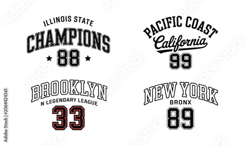 Varsity college sports vector design set with vintage athletic typography logos for t shirt print