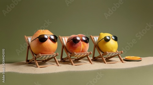 Three colorful fruits wearing sunglasses relaxing on beach chairs against a green background