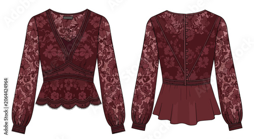 Women's Burgundy Lace Top with Floral Pattern Long Sleeves and V-Neckline Peplum Hem Fashion Design Template