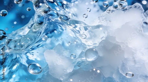 Close-up of Water Splash with Ice Cubes and Bubbles in a Blue Background