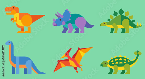 Fotografie Colorful set of flat vector dinosaur illustrations featuring geometric shapes an