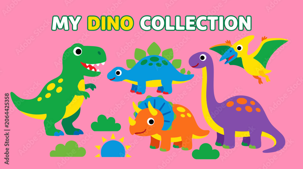 Naklejka premium Colorful vector illustration featuring a collection of friendly dinosaurs for children designed with bright vibrant colors and playful simple shapes