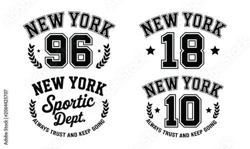 New York varsity sports vector graphic set with vintage athletic typography logos for t shirt print