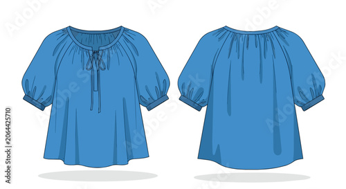 Stylish Blue Women Peasant Blouse Illustration Showing Front and Back View with Puff Sleeves and Tie Detail