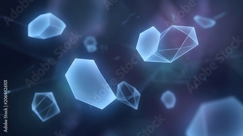Abstract glowing blue geometric shapes in dark digital space, futuristic technology background