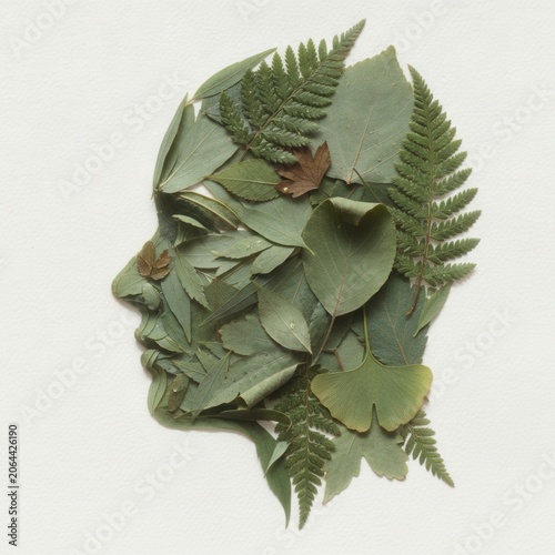 Artistic Representation of a Human Face Composed of Green Leaves and Ferns on a Light Background