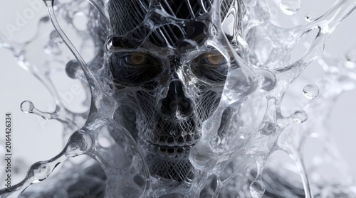 A detailed close-up of a skull partially submerged in translucent liquid, creating a surreal and eerie atmosphere with intricate textures and reflections