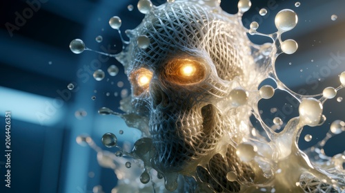 Eerie humanoid figure with glowing eyes emerging from a liquid-like substance in a futuristic setting