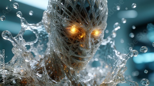 Futuristic humanoid figure emerging from water with glowing eyes and intricate web-like texture