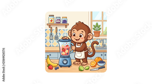 Canvas Print Cute Monkey Making Smoothie in Kitchen with Fruits and Blender
