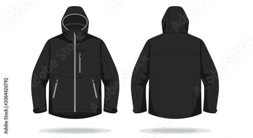 Black Sporty Hooded Jacket Mockup for Men Front and Back View Realistic Winter Outerwear Apparel Template