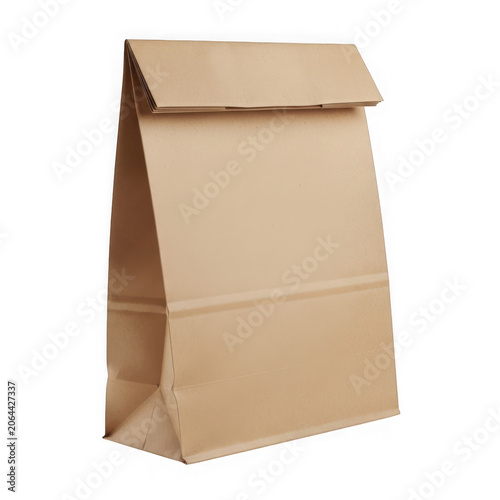 A brown paper bag with a folded top, standing upright against a white background isolated on transparent background