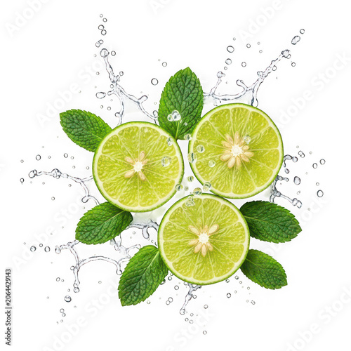 A vibrant illustration of a cluster of limes with leaves and stems isolated on transparent background