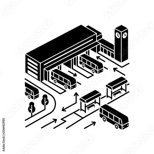 Isometric bus station terminal complex concept with terminal, isometric