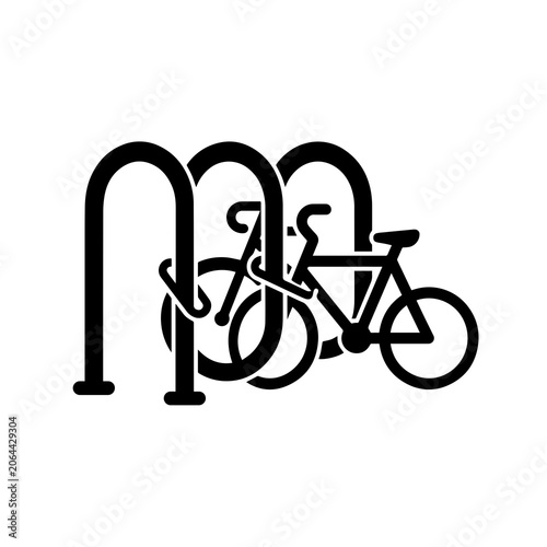 Bicycle parked in a metal rack stand icon silhouette with silhouette, mobility