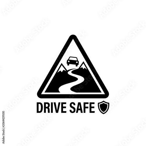 Drive safe mountain road warning sign logo with mountain transport automobile