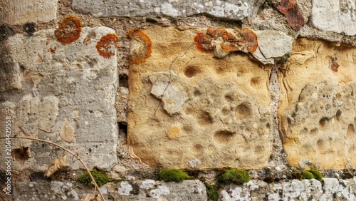 Weathered stone wall texture featuring natural yellow sandstone blocks with organic orange lichen and green moss growing in crevices
