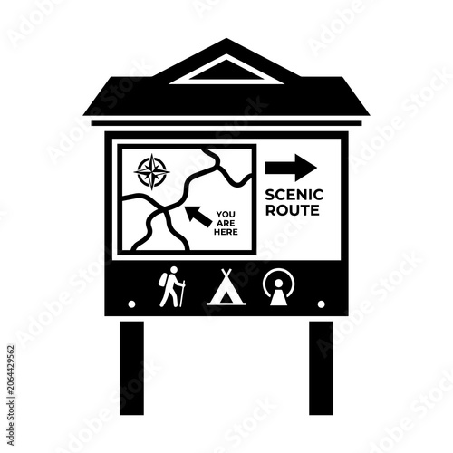 Outdoor information hiking trail map board signpost with information, navigation