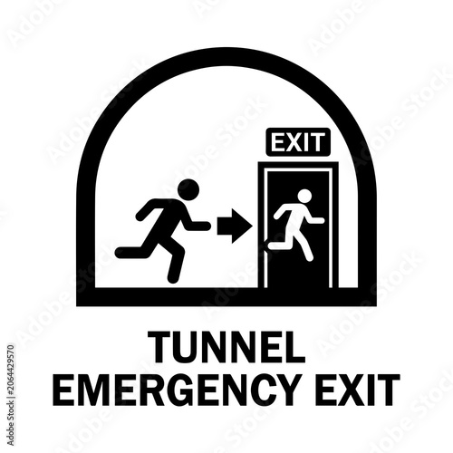 Tunnel emergency exit safety sign icon with emergency evacuation wayfinding