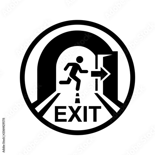 Emergency exit sign icon featuring running person through doorway, emergency