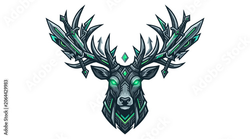 Foto Mystical Deer Head with Sword Antlers, Fantasy Creature, Glowing Eyes