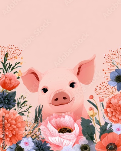 Colorful Cute Animal Greeting Card Illustration with Floral Border