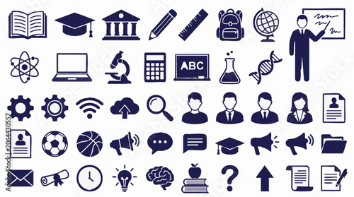 Education and Science Vector Icons Set with Technology and Business Elements