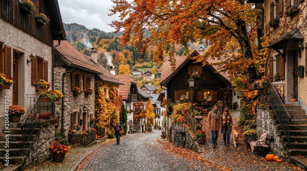 Obraz premium Autumn village street scene houses trees fall colorful neighborhood. Road european cozy landscape architecture season scenic