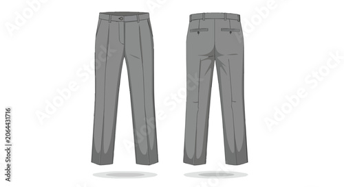 Professional Grey Formal Trousers Technical Drawing Set Front and Back View Template for Clothing Design