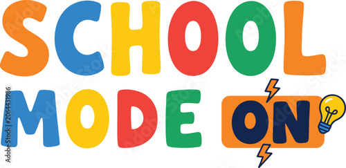 School mode on typography with light bulb icon and lightning bolt graphic design back to school typography.